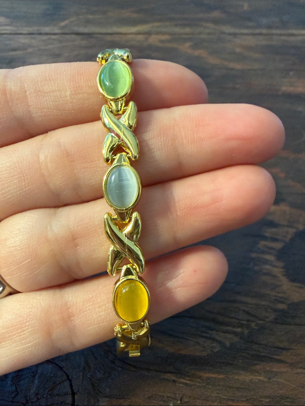 Gold Plated  Multicolor Cat eye Stone Link Bracelet - Green, White, Yellow